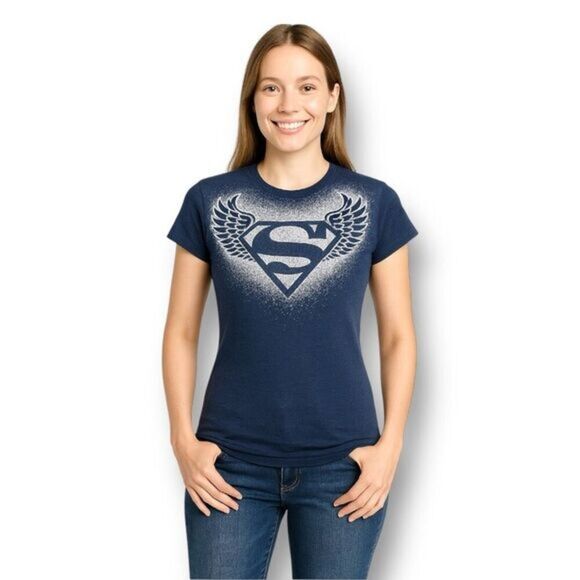 Supergirl S Navy Graphic Tee 100% Cotton Burnout Glitter Y2K DC Comics Hero - Picture 1 of 9